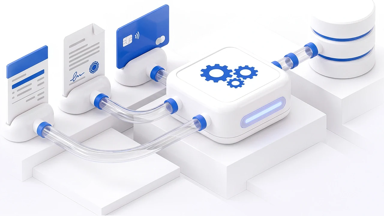 Invoices, contracts and card payments flowing through an automation engine into a finance database