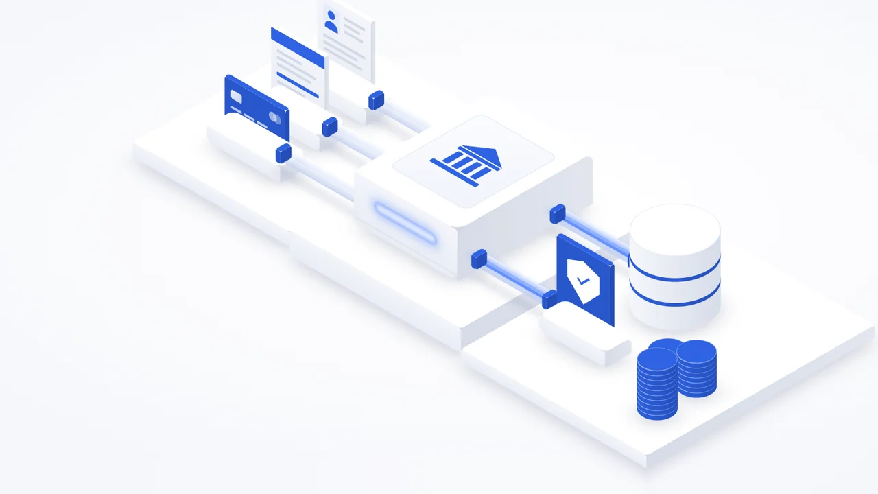 Financial services automation workflow connecting documents, a bank system and a database