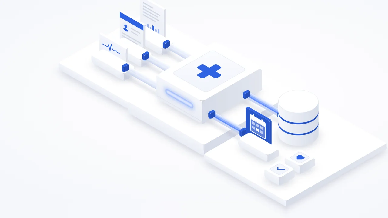 Healthcare automation workflow connecting patient documents, a care system, scheduling and a database