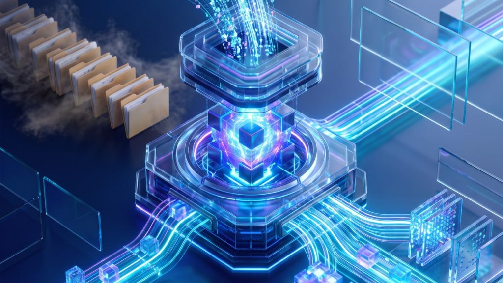 Data streams flowing through an automated retrieval engine into structured outputs, with manual folders left behind